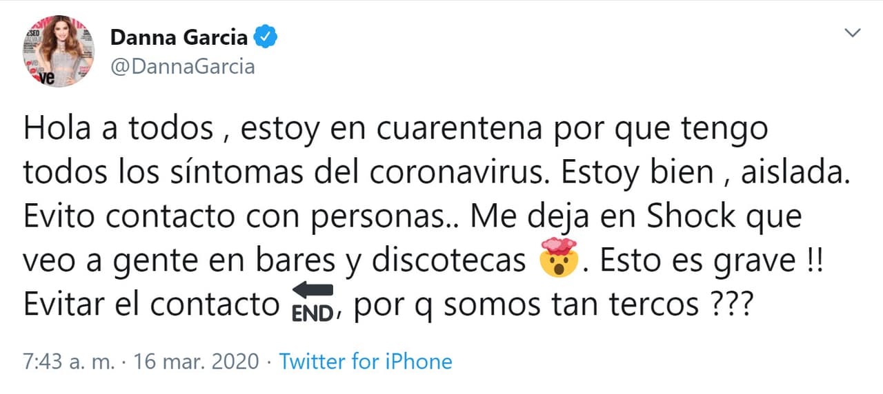 "Estoy en cuarentena porque 
<b><a href="https://www.univision.com/noticias/salud/guia-practica-ante-el-coronavirus-paso-a-paso-a-quien-llamar-si-tienes-sintomas-y-otras-respuestas" target="_blank">tengo todos los síntomas del coronavirus</a></b>. Estoy bien, aislada. Evito contacto con personas. Me deja en shock que veo a gente en bares y discotecas. ¡Esto es grave! Evitar el contacto, ¿por qué somos tan tercos?", cuestionó la actriz en aquella fecha. 
<br>