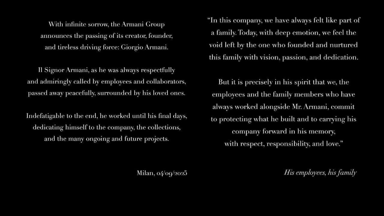 Comunicado sobre el fallecimiento de Giorgio Armani.