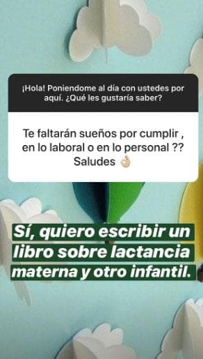 En la misma ronda de preguntas la cuestionaron sobre los sueños que tiene por cumplir y ella respondió que le gustaría escribir un libro sobre la lactancia materna y otro infantil. En esta etapa como mamá se ha educado en los temas anteriores, por lo que considera muy útil compartir su experiencia.
<br>