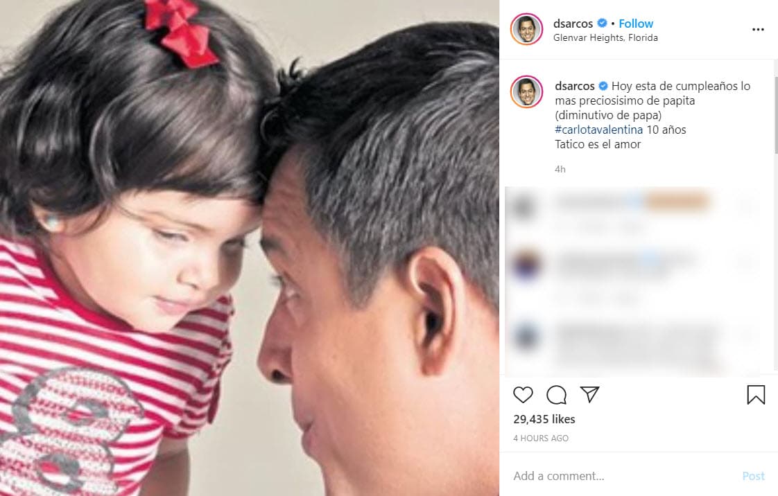 Por su parte, 
<b>Daniel Sarcos</b>, el padre de la niña también le dedicó un tierno mensaje en Instagram: "Hoy está de cumpleaños lo más preciosísimo de papita (diminutivo de papá) Carlota Valentina 10 años. Tatico es el amor", se lee.
<br> 
<br>