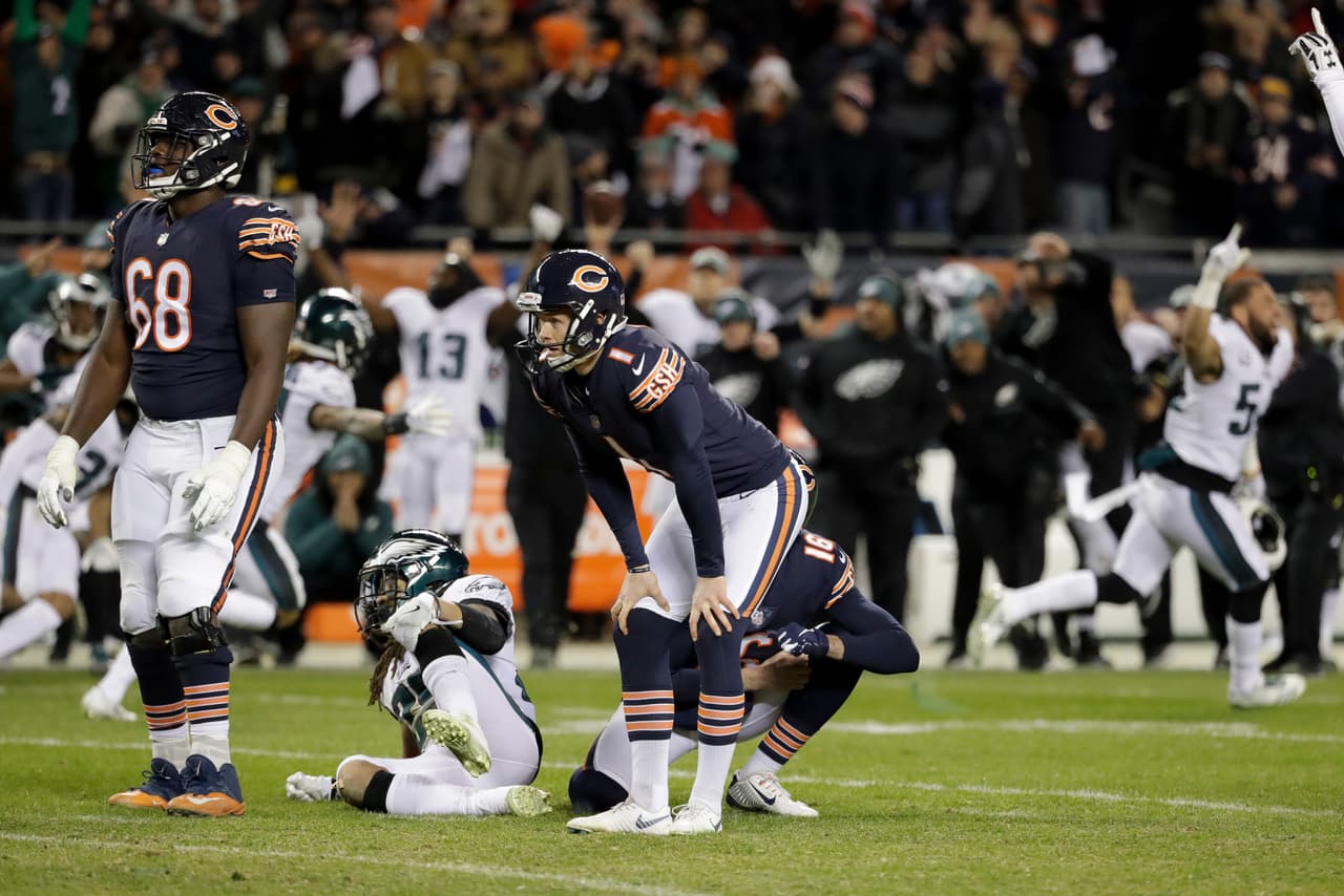 Cody Parkey, fidurante sus primeros juegos: 13 de 16 (81.3 FG%). Cody Parkey, en los últimos 9 juegos: 13-18 (72.2%). Declive en los momentos importantes para el pateador de los Bears.