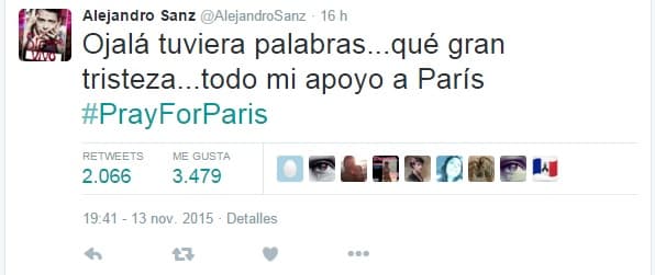 "Ojalá tuviera palabaras... qué gran tristeza... todo mi apoyo a París" fue el texto que lanzó a la web junto al #hashtag que se ha encargado de unir al mundo en una oración #PrayForParis