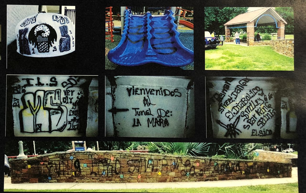 Autoridades federales y locales mostraron grafitis asociados a la MS-13 encontrados en áreas de Irving, Texas.