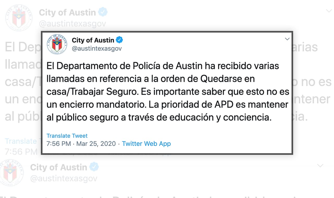 Ciudad de Austin aclara que orden de quedarse en casa “no es un encierro obligatorio”