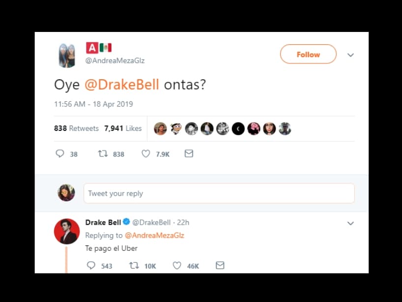Drake Bell se subió al tren y respondió al "Ontas". El cantante mantiene una relación muy cercana con México, motivo por el que entendió el modismo.