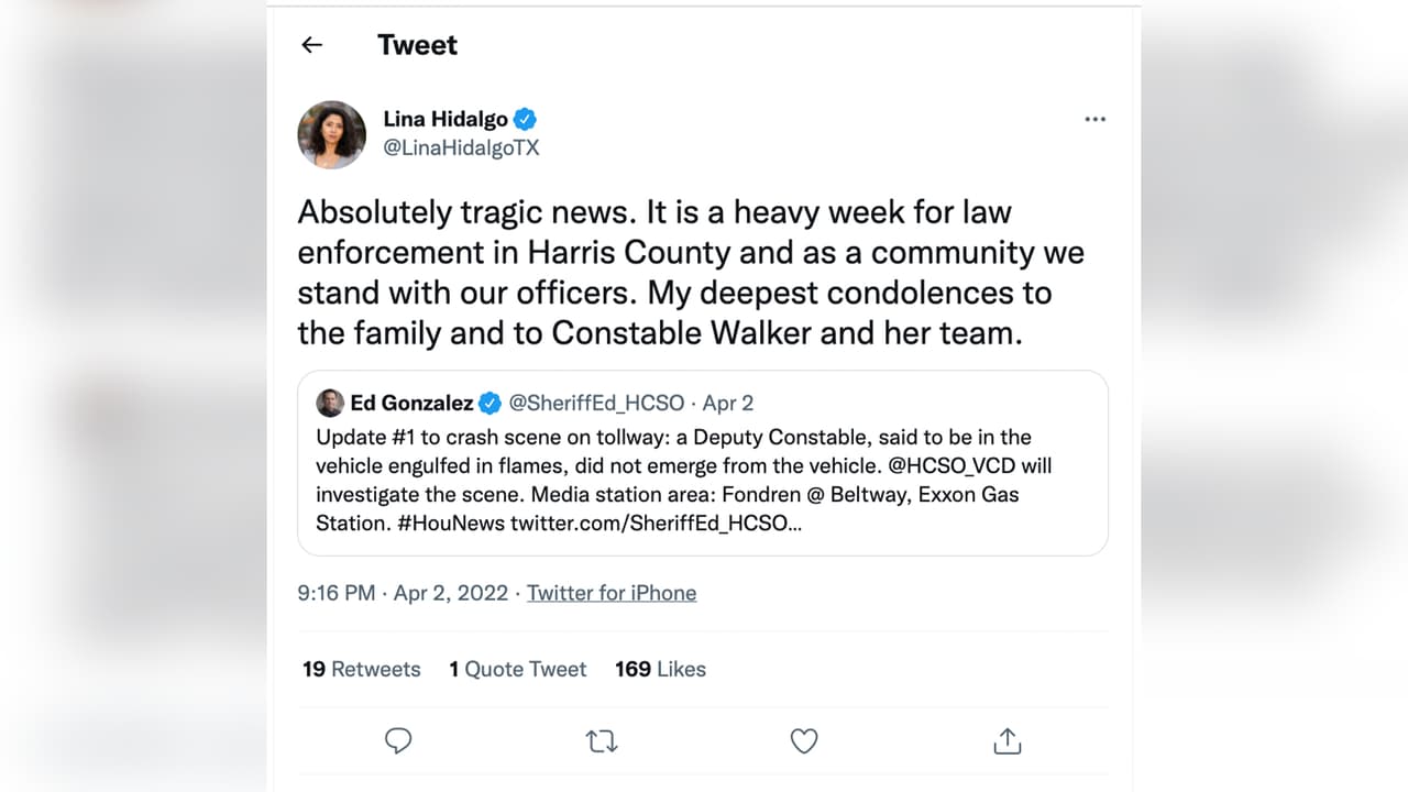 Por su parte Lina Hidalgo, juez del condado Harris, indicó que "es una noticia absolutamente trágica. Fue una semana pesada para las fuerzas del orden público en el condado de Harris y, como comunidad, apoyamos a nuestros oficiales".
