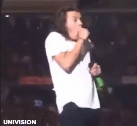 <b>Harry Styles de One Direction </b>lanzó un recuerdo para una fan y le pegó en la cara, la reacción del cantante es inolvidable.