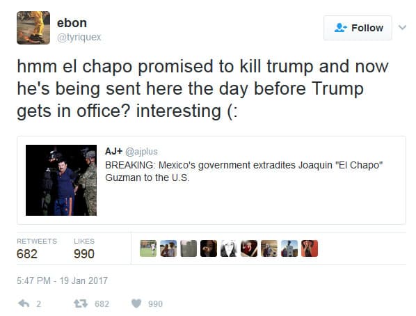 El Chapo prometió matar a a Trump y ahora lo envían justo antes el día en que Trump entra a gobernar. Interesante...
