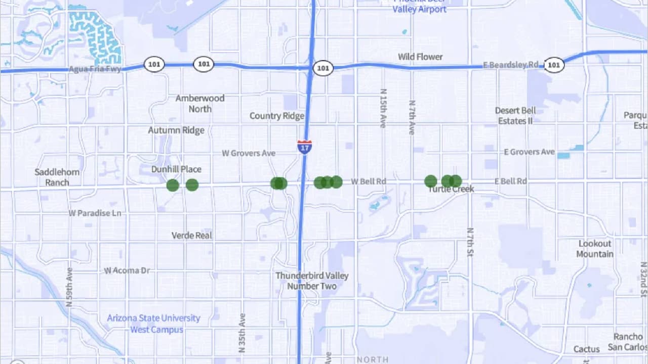 <b>Bell Road</b> desde N 3rd Street hasta N 43rd Avenue, entre Phoenix y Glendale.
<br>Accidentes fatales: 10
<br>Accidentes por milla: 2.0.