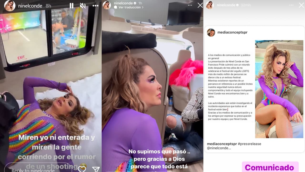 En la primera imagen de la izquierda se aprecian a personas corriendo tras el supuesto tiroteo en el Pride 2022 de San Francisco mientras Ninel Conde tomaba un descanso en su camerino.