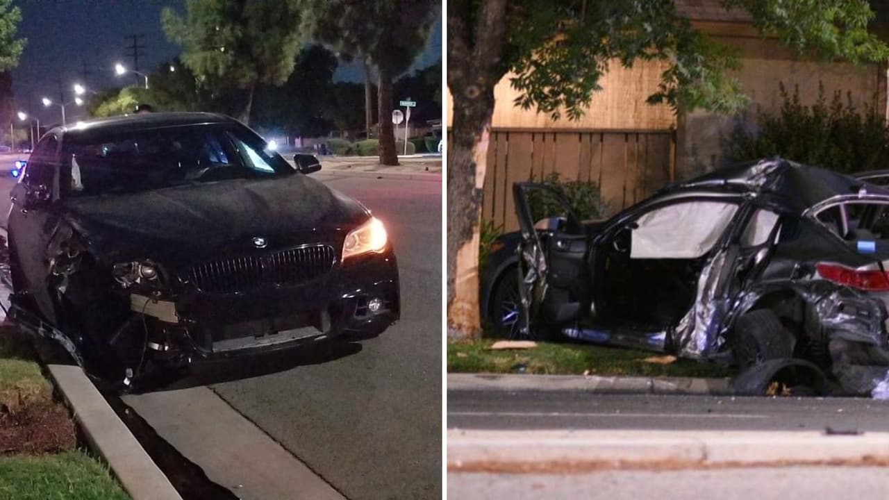 BMW es impactado contra un auto y luego es abandonado tras dejar a una mujer herida en Fresno