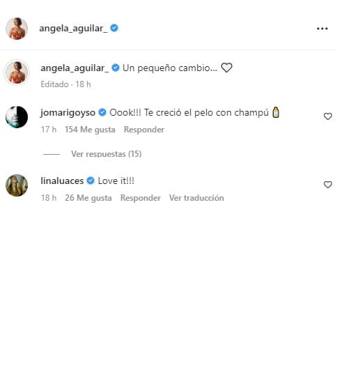 Ángela Aguilar escribió junto a la instantánea: "Un pequeño cambio" seguido de un corazón, a lo que Jomari y Lina reaccionaron.