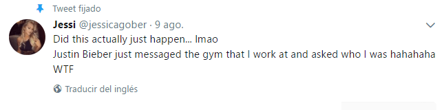 "¿Es en serio que esto pasó? Justin Bieber le mandó un mensaje al gimnasio en el que trabajo y preguntó quién era. ¿Qué carajos?", escribió la chica en cuestión.