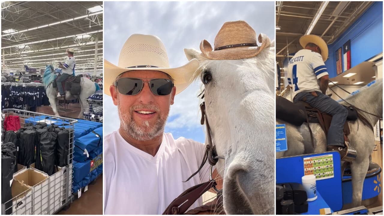 Un hombre monta a caballo en Walmart después de la victoria de los Cowboys de Dallas