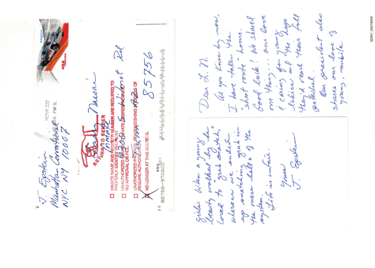 La presunta carta de Epstein a Larry Nasser.