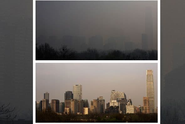 Estas dos fotos del paisaje urbano de Beijing muestran la calidad del aire durante la mañana (arriba) y por la tarde (abajo), el 1 de abril.