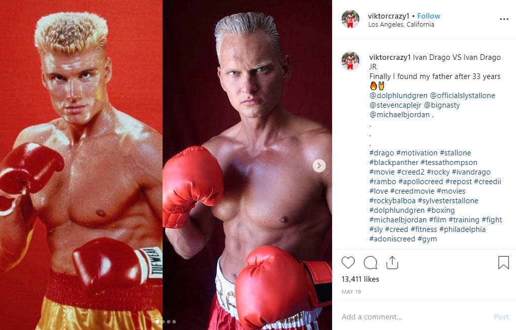 Fue el 21 de junio cuando Viktor se caracterizó como el boxeador Iván Drago, personaje de la legendaria saga 'Rocky', para retar a Bieber en persona a la salida de un restaurante en Los Ángeles.
<br>
