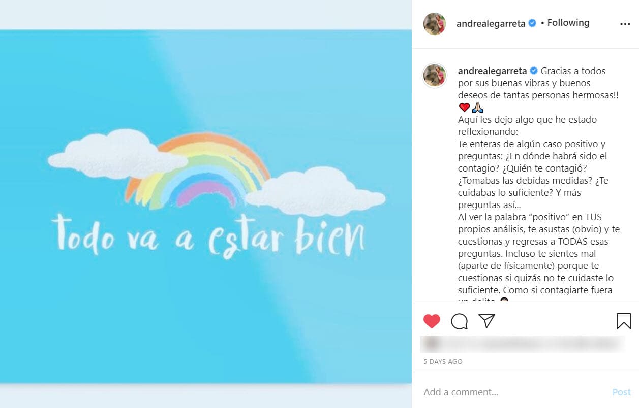 Fue el 31 de agosto que la conductora mexicana anunció en su cuenta de Instagram que
<b><a href="https://www.univision.com/shows/despierta-america/andrea-legarreta-le-explico-a-alan-tacher-donde-cree-que-toda-su-familia-resulto-contagiada-de-covid-19-video">había dado positivo al virus</a></b> y recalcó que no busca respuestas sobre cómo se contagió.
<br>