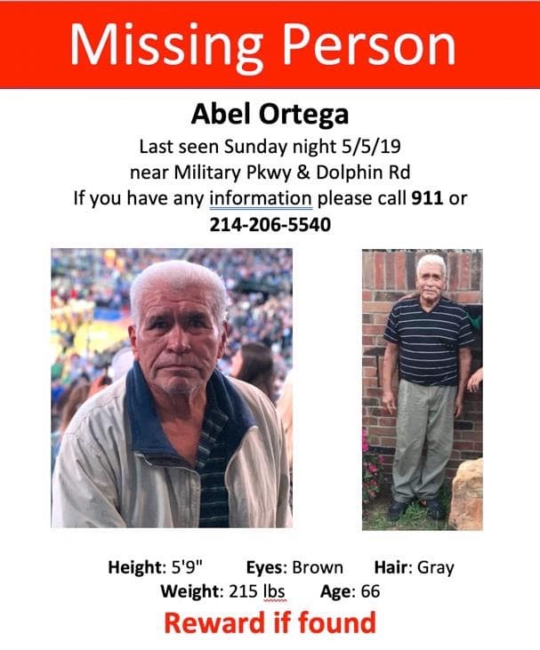 <a href="https://www.univision.com/local/dallas-kuvn/continua-la-busqueda-de-un-hombre-de-tercera-edad-video">Abel Ortega</a>, de 66 años desapareció el 5 de mayo. Su familia exhorta a cualquier persona con información que llame al 911 o 214-206-5540.
<br>