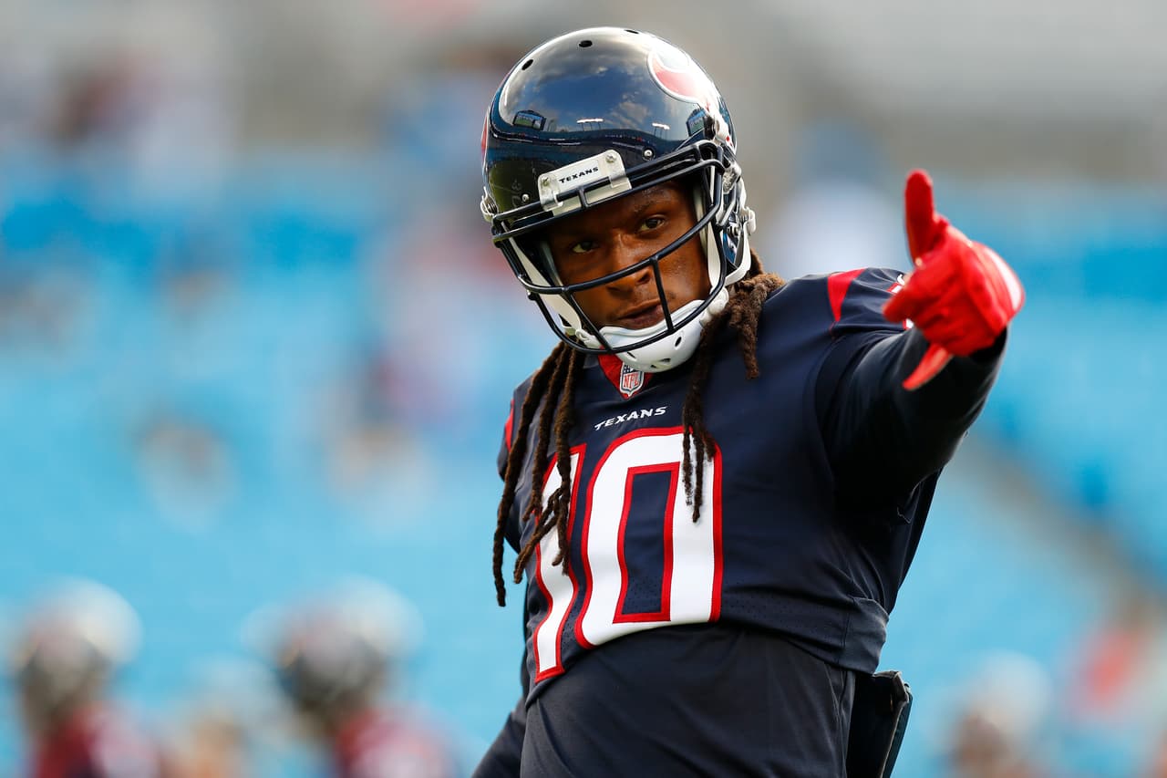 Houston Texans wide receiver DeAndre Hopkins (10) points and gives a thumbs up to the sideline during a Week 1 NFL preseason game against the Carolina Panthers in Charlotte, N.C. on August 9, 2017. The Panthers beat the Texans 27-17 (Matt Patterson via AP)