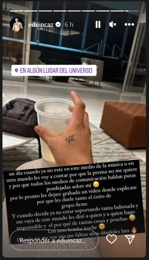 "Un día cuando ya no esté en este medio de la música o en otro mundo les voy a contar 
<b>por qué la prensa no me quiere</b>", advirtió en el inicio de su publicación en medio de las especulaciones sobre lo que aconteció con 'El Canelo' el pasado fin de semana.
<br>