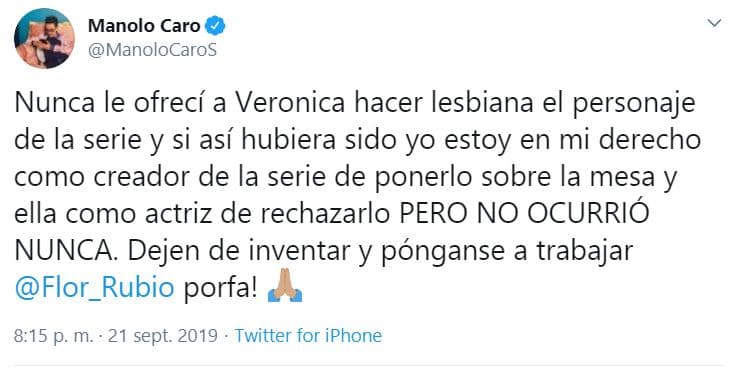 "
<b><a href="https://www.univision.com/famosos/veronica-castro-niega-boda-con-yolanda-andrade-y-le-exige-que-deje-las-tonterias-y-falta-de-respeto-fotos">Nunca le ofrecí a Verónica hacer lesbiana</a></b> el personaje de la serie y, si así hubiera sido, yo estoy en mi derecho como creador de la serie de ponerlo sobre la mesa y ella como actriz de rechazarlo. Pero 
<b>no ocurrió nunca</b>", consignó Manolo Caro.