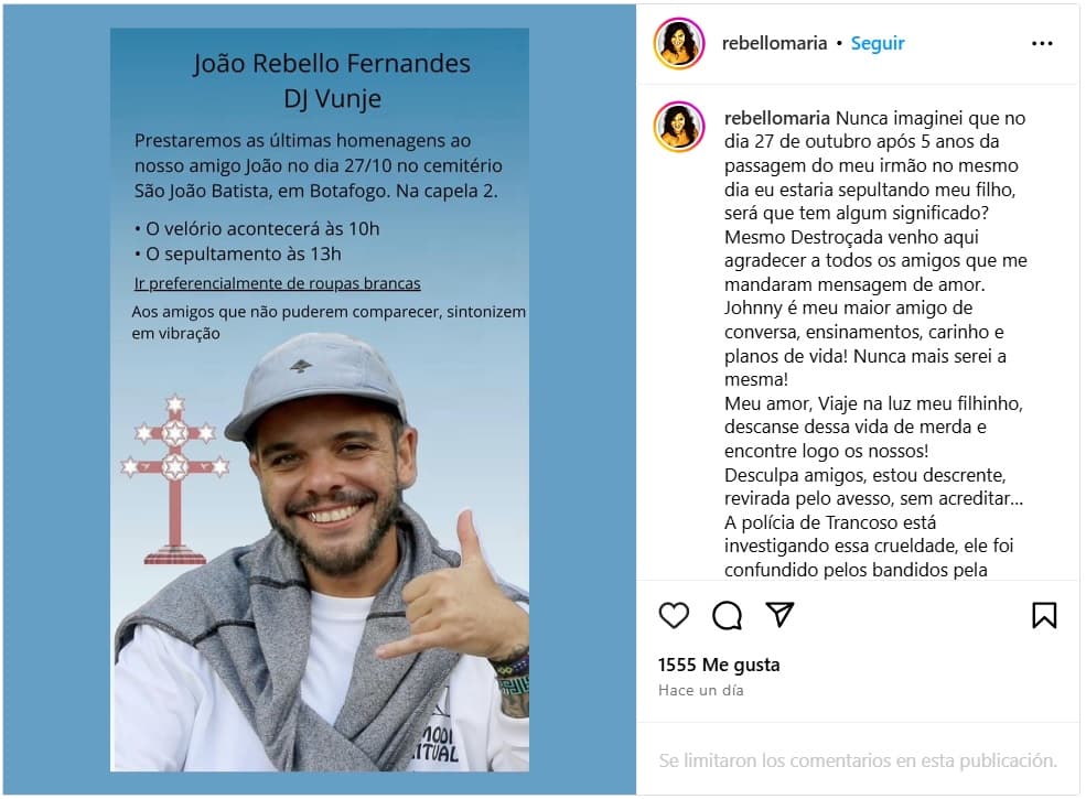 Maria Rebello, mamá de João Rebello Fernandes, lo honró en Instagram tras su muerte.