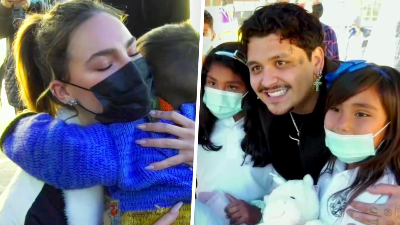 Belinda se conmovió hasta las lágrimas al sorprender con juguetes a niños junto a Christian Nodal