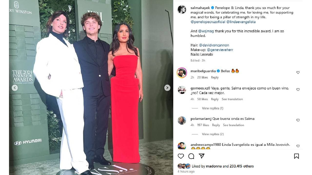 Salma Hayek junto a Linda Evangelista y su hijo Augustin James.