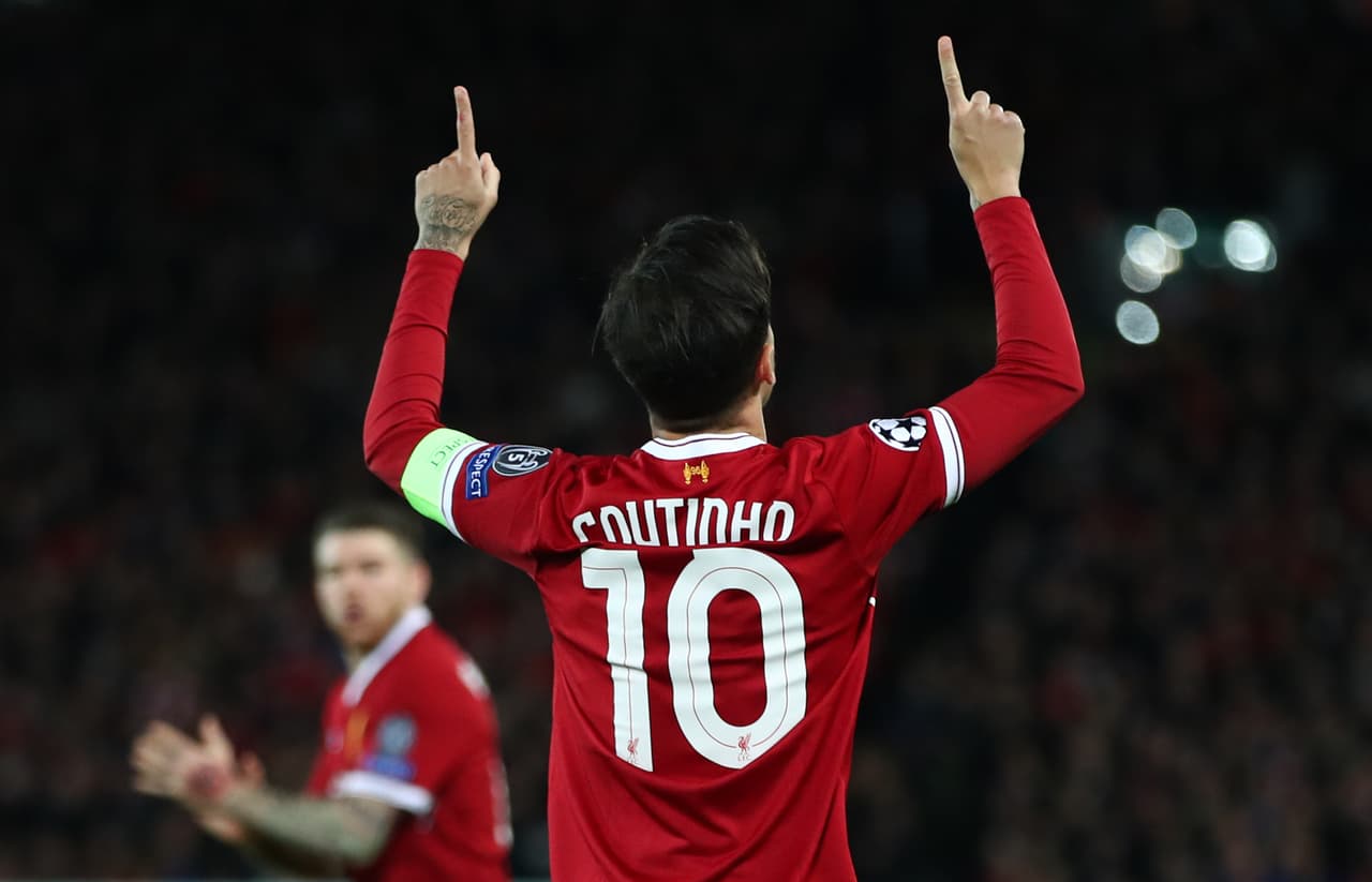 LIVERPOOL, ENGLAND - DECEMBER 06: Philippe Coutinho of Liverpool celebrates after scoring his sides secong goal during the UEFA Champions League group E match between Liverpool FC and Spartak Moskva at Anfield on December 6, 2017 in Liverpool, United Kingdom. (Photo by Clive Brunskill/Getty Images) *** Local Caption *** Philippe Coutinho