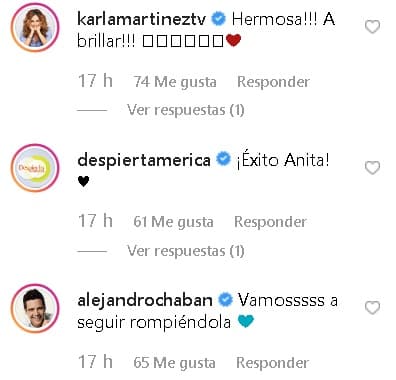 Entre los más de 25 mil "me encanta" y cientos de comentarios en la foto previa al show no podían faltar, una vez más, los de Karla Martínez y Alejandro Chabán en los que la animaban a triunfar.