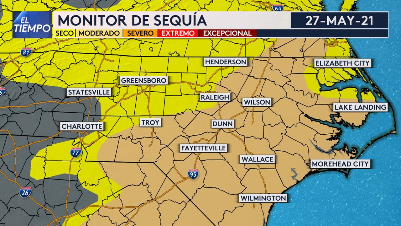 El último Mapa de Monitoreo de Sequía de EEUU muestra que las condiciones de sequía moderada (D1) se expanden en gran parte de Carolina del Norte.