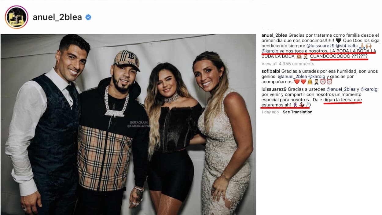 Junto a esta foto, Anuel le dio las gracias a Luis Suárez y Sofía Balbi por todas sus atenciones y aprovechó para públicamente
<b>pedirle a su novia, Karol G</b>, que le diga cuándo será su boda.