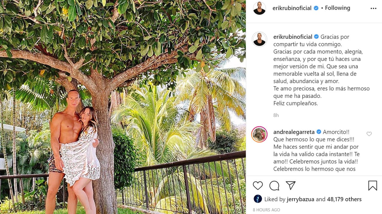 El primero en hacerlo en Instagram fue su esposo Erik Rubín, quien publicó 
<b><a href="https://www.instagram.com/p/CCiv9vNH2Yr/" target="_blank">esta foto</a></b> con ella. 
<br>