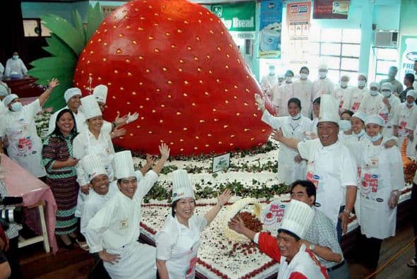 Los miembros del gobierno local de La Trinidad la provincia de Benguet y de la Secretaría de Turismo, presentaron con orgullo los 11 metros de altura y 9 pies de diámetro en el pastel de fresas gigantes durante el lanzamiento de la Fresa de marzo de 2004, en la vigésima edición del Festival de La Trinidad al norte de Manila. Un total de 170 voluntarios trabajaron durante cuatro días para hornear 16975.594 lb (7700 kilos) de torta de fresas gigante con la esperanza de que va a ganar un lugar en el libro Guinness de récords mundiales.