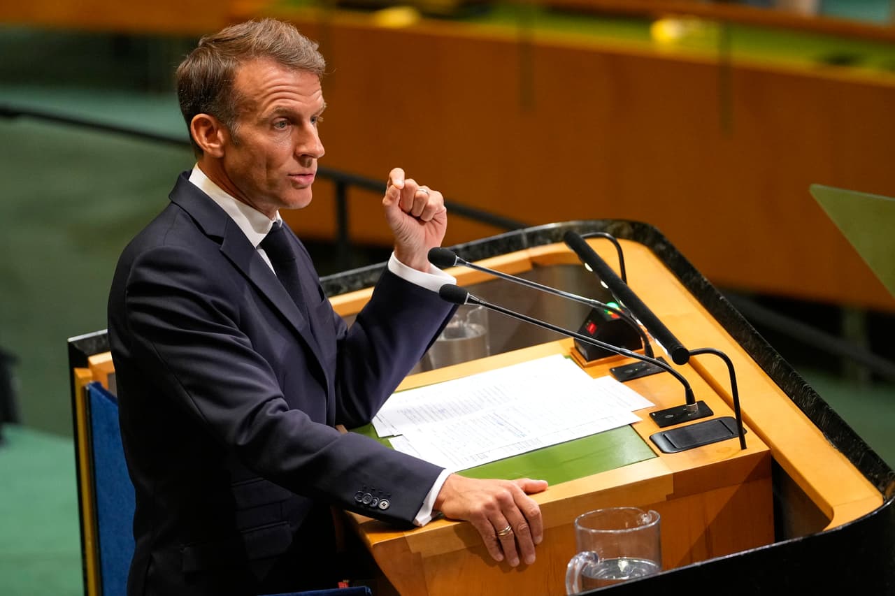 El presidente de Francia, Emmanuel Macron, interviene durante el 81.º período de sesiones de la Asamblea General de las Naciones Unidas en la sede de la ONU, el martes 22 de septiembre de 2026. (Foto AP/Yuki Iwamura)
<br>