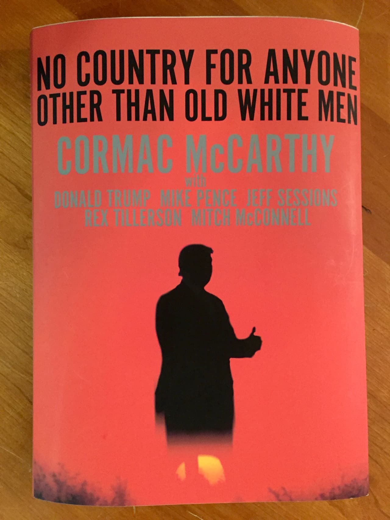 El título original de este libro de Cormac McCarthy llevado al cine es
<b>'No country for old man' ('No hay país para los viejos')</b> modificado con una silueta de Donald Trump insinuándose en el horizonte ha quedado así:
<b>'No hay país para nadie más que para viejos hombres blancos'</b>.