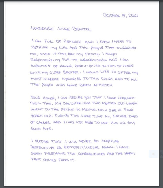 Carta escrita por Bianca Acevedo Ojeda en octubre de 2021.