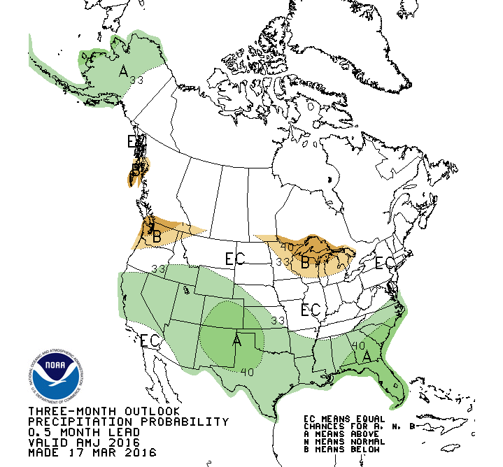 En verde se destacan las áreas de EEUU. donde podría darse un aumenteo en las precipitaciones por la permanencia de El Niño.
