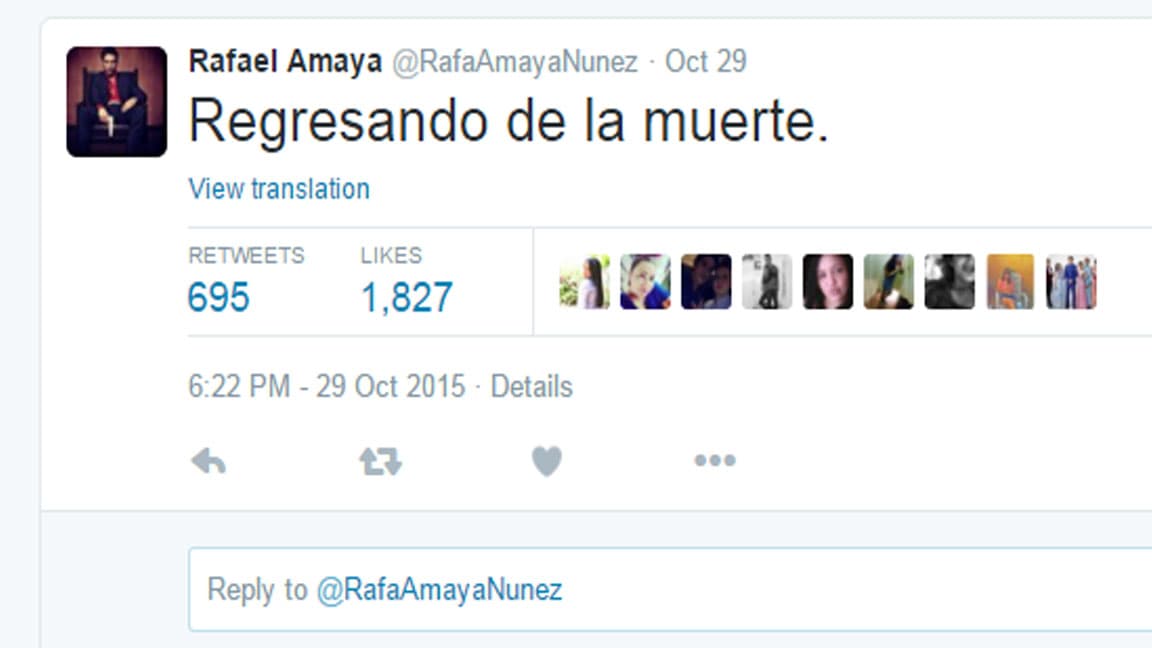Los problemas de adicciones de Rafael Amaya comenzaron a ser abordados por los medios en noviembre de 2015, cuando TVyNovelas y el Huffington Post informaron de su supuesto ingreso al hospital Español de la Ciudad de México. Un par de días después, el mexicano publicó en 
<a href="https://twitter.com/rafaamayanunez/status/659888128996470784" target="_blank">Twitter</a>: "Regresando de la muerte".