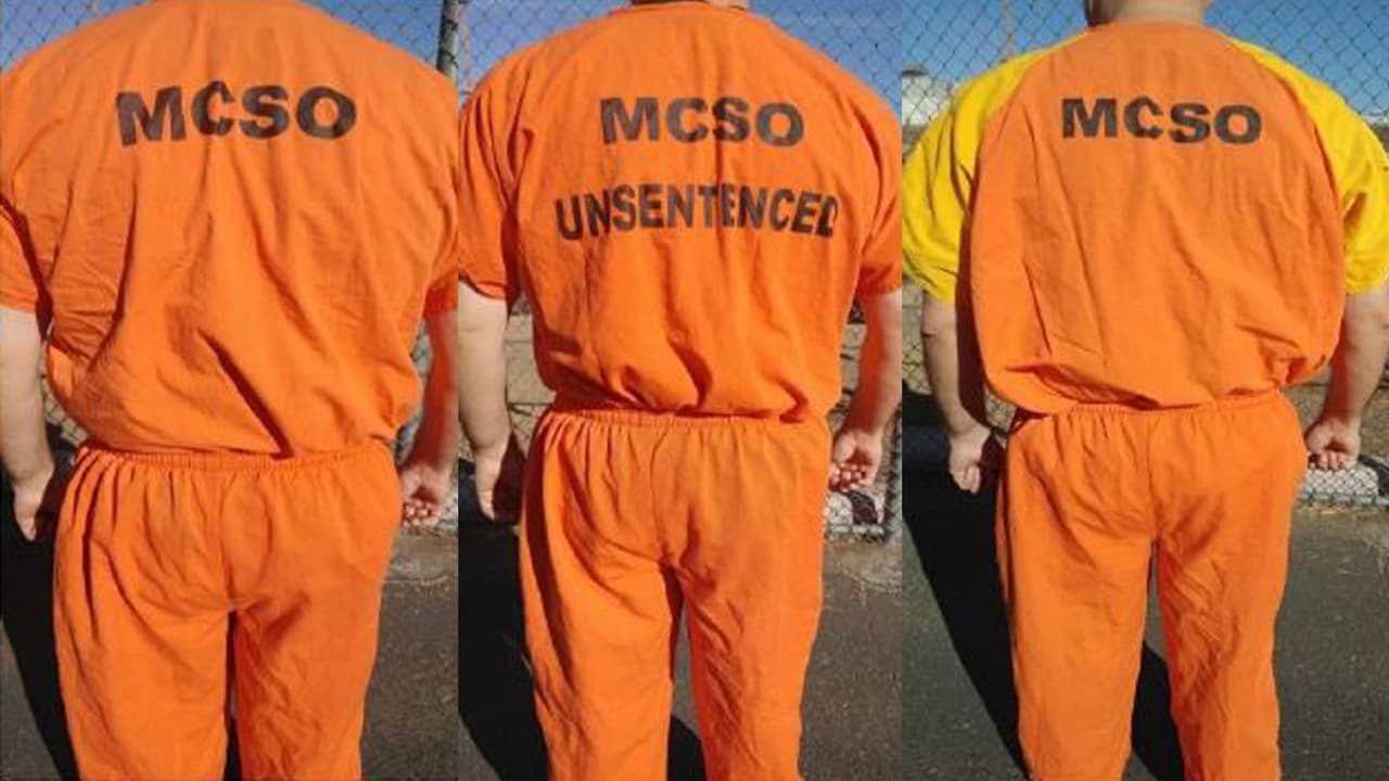 Tres tipos de uniformes usados por los presos del sheriff de Maricopa/MCSO.