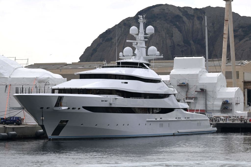 A picture taken on March 3, 2022 in a shipyard of La Ciotat, near Marseille, southern France, shows a yacht, Amore Vero, owned by a company linked to Igor Sechin, chief executive of Russian energy giant Rosneft.
