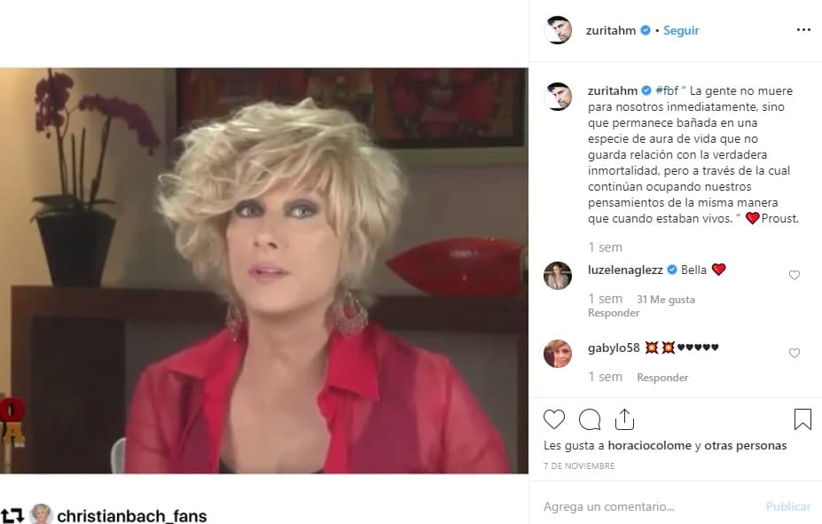 El pasado 7 de noviembre, Zurita subió un video publicado por una cuenta de seguidores de la fallecida actriz, donde la argentina señaló sus principales
<b><a href="https://www.instagram.com/p/B4l721WgfpD/" target="_blank">defectos y virtudes</a></b>
<a href="https://www.instagram.com/p/B4l721WgfpD/" target="_blank"> </a>como persona.
