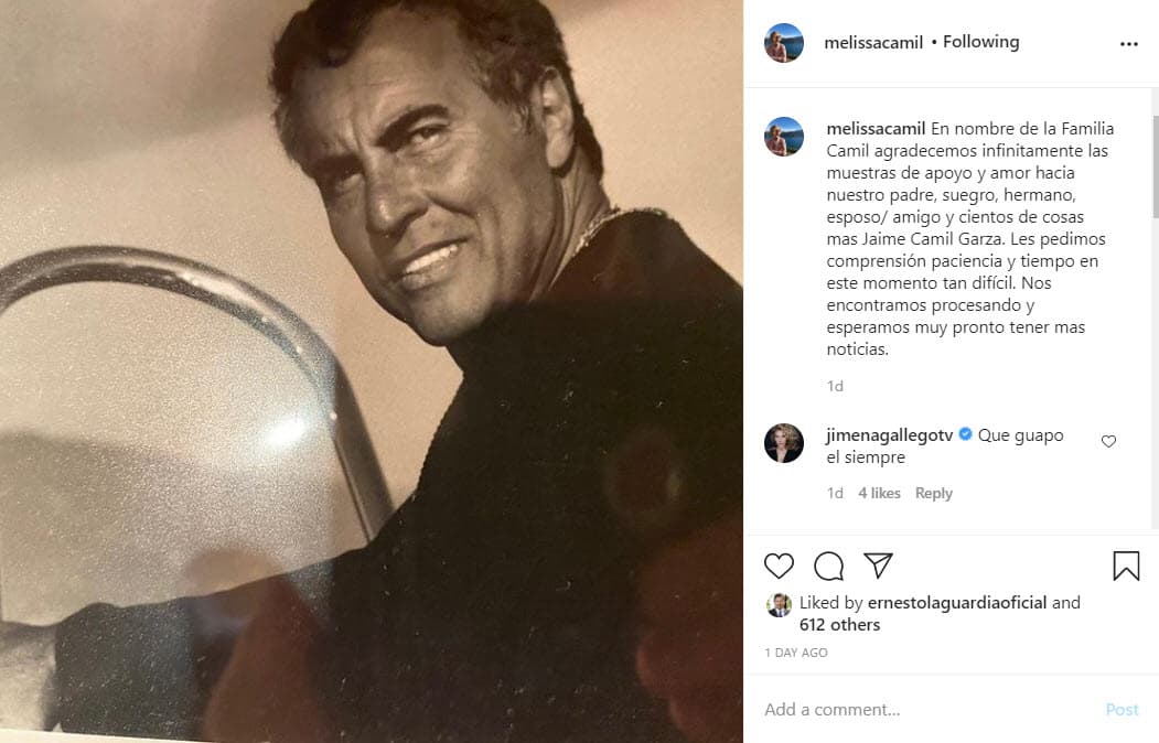 Por la tarde, Melissa Camil envió un mensaje para agradecer a nombre de su familia: "Les pedimos comprensión paciencia y tiempo en este momento tan difícil. Nos encontramos procesando y esperamos muy pronto tener mas noticias".