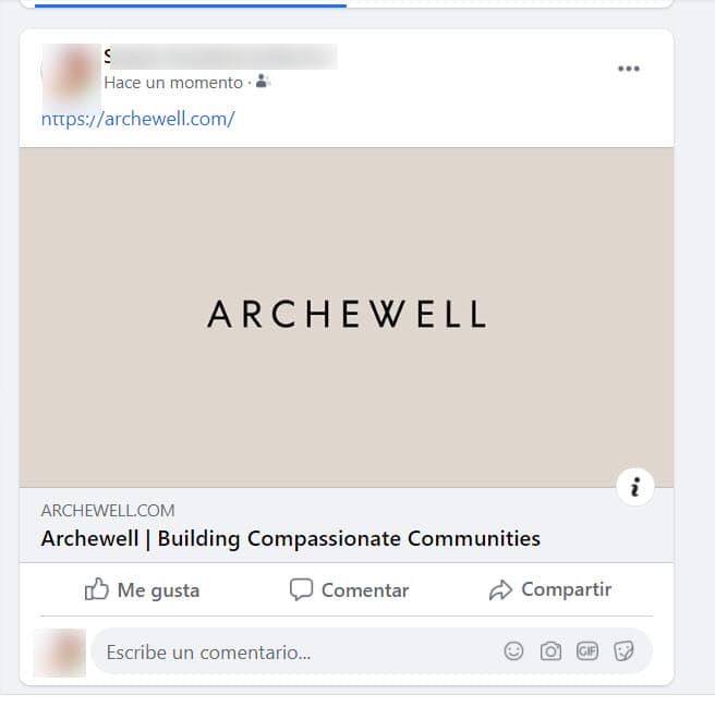 Cuando se comparte el enlace o URL del sitio en redes sociales se puede ver un mensaje adicional que dice: "Archewell es una organización comprometida con la creación de comunidades compasivas en línea y fuera de ella, para servir a nuestro bienestar colectivo".
<br>