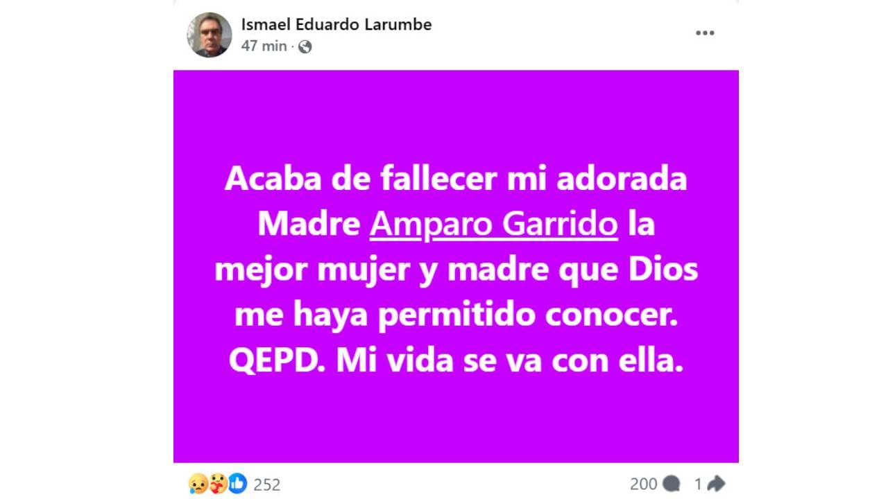Hijo de Amparo Garrido informa sobre la muerte de su madre.