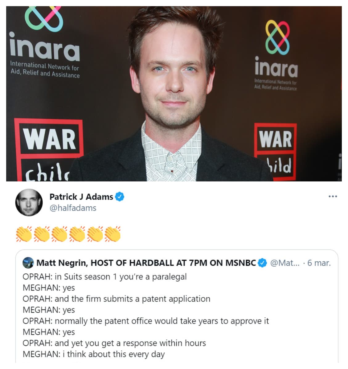 Patrick J. Adams, su coprotagonista en la serie de televisión 'Suits', la aplaudió cuando 
<b><a href="https://twitter.com/halfadams/status/1368382514377596932" target="_blank">abordó el tema del programa ante Oprah Winfrey</a></b>. Dos días antes, la defendió en Twitter de la corona británica: "Es obsceno que la familia real [...] esté promoviendo y 
<b><a href="https://www.univision.com/famosos/meghan-markle-bullying-buckingham-investiga-fotos" target="_blank">ampliando las acusaciones de 'acoso laboral'</a></b> contra una mujer que básicamente se vio obligada a huir del Reino Unido para proteger a su familia y su propia salud mental".