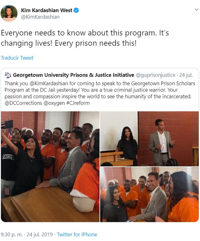 Por su parte, la esposa de Kanye West aseguró en la misma red social que "todos necesitan saber acerca de este programa. ¡Está cambiando vidas! ¡Cada prisión necesita esto!".