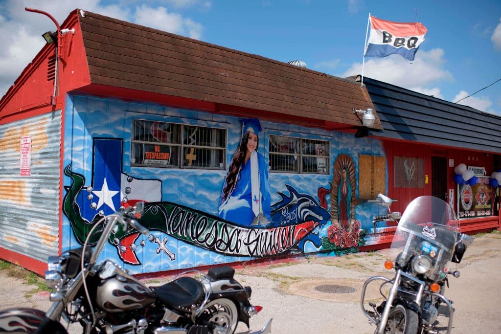 A mural of slain U.S. Army Specialist Vanessa Guillen is displayed on the wall of a restaurant on August 14, 2020 in Houston, Texas.