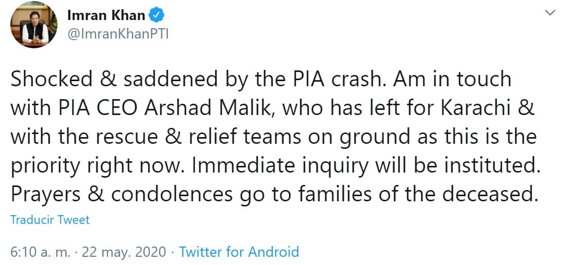 "Sorprendido y entristecido por el accidente de PIA [...] Habrá una investigación inmediata. Oraciones y condolencias para las familias de los fallecidos".
<br>